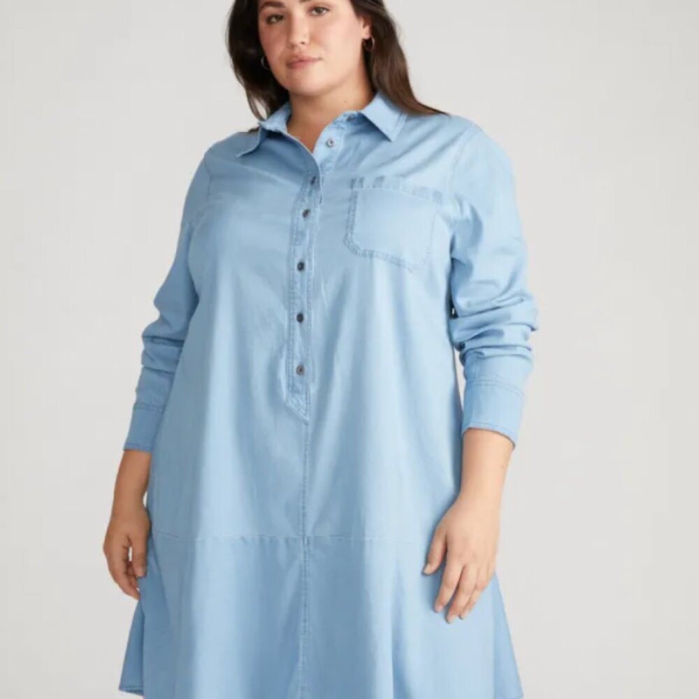 Universal Standard Perfect Tencel Chambray Drop Waist Shirtdress in Morning Blue